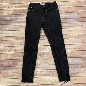 We The Free High Rise Skinny Jeans Ripped Knees Button Fly Raw Hem